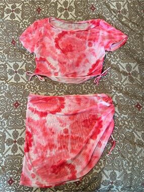 Women Pink Tie-Dye Two-Piece Coverup Set Largw